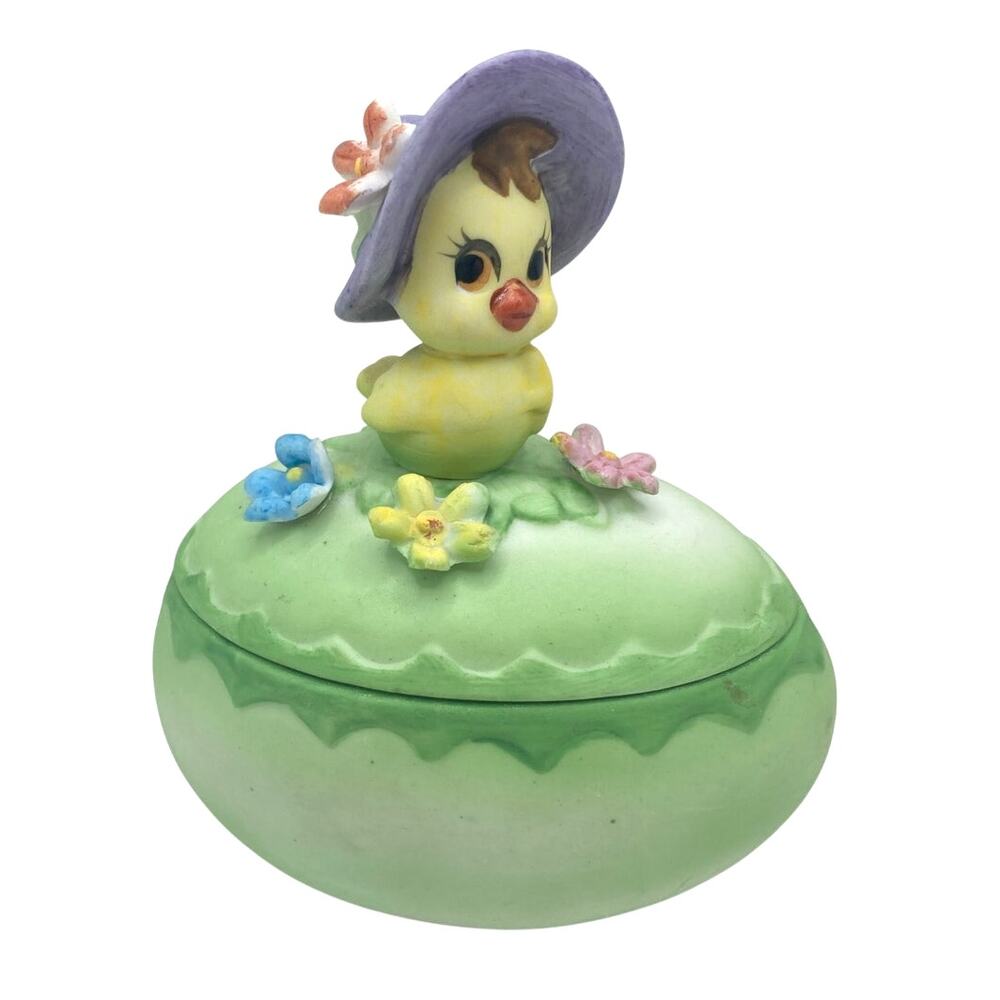VTG Lefton Porcelain Easter Egg Trinket Box Featuring A Chick with Bonnet 4" T